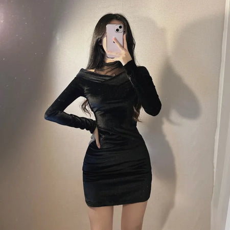 Velvet Mesh Layered Off-Shoulder Dress V-neck Unique