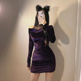 Velvet Mesh Layered Off-Shoulder Dress V-neck Unique