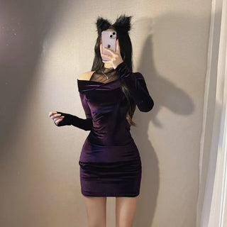 Velvet Mesh Layered Off-Shoulder Dress V-neck Unique