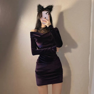 Velvet Mesh Layered Off-Shoulder Dress V-neck Unique