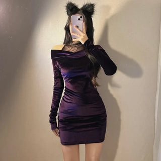 Velvet Mesh Layered Off-Shoulder Dress V-neck Unique