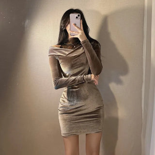 Velvet Mesh Layered Off-Shoulder Dress V-neck Unique