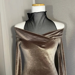 Velvet Mesh Layered Off-Shoulder Dress V-neck Unique