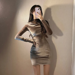 Velvet Mesh Layered Off-Shoulder Dress V-neck Unique
