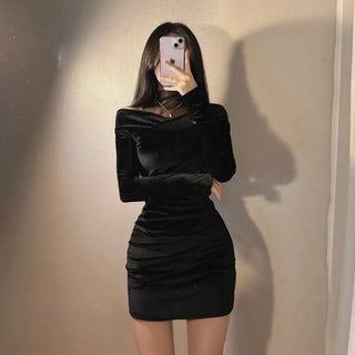 Velvet Mesh Layered Off-Shoulder Dress V-neck Unique