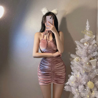 Lia way Velvet Ribbon Shirred Dress Halter Neck