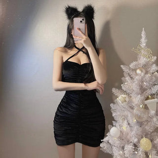 Lia way Velvet Ribbon Shirred Dress Halter Neck