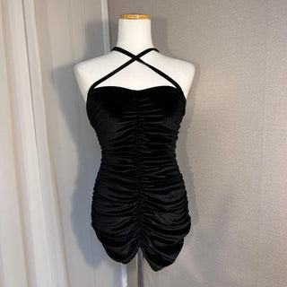 Lia way Velvet Ribbon Shirred Dress Halter Neck
