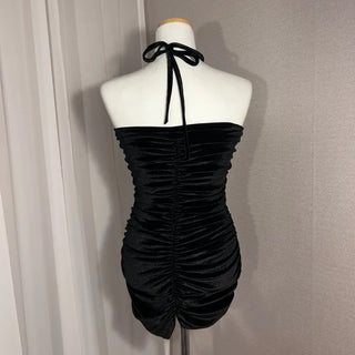 Lia way Velvet Ribbon Shirred Dress Halter Neck