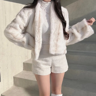 Luxury Fur Texture Collarless Mink Jacket Crop