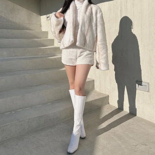 Luxury Fur Texture Collarless Mink Jacket Crop