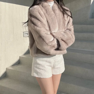 Luxury Fur Texture Collarless Mink Jacket Crop