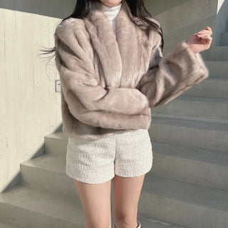 Luxury Fur Texture Collarless Mink Jacket Crop