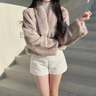 Luxury Fur Texture Collarless Mink Jacket Crop
