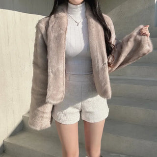 Luxury Fur Texture Collarless Mink Jacket Crop