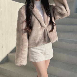 Luxury Fur Texture Collarless Mink Jacket Crop