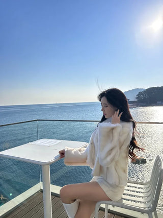Luxury Fur Texture Collarless Mink Jacket Crop