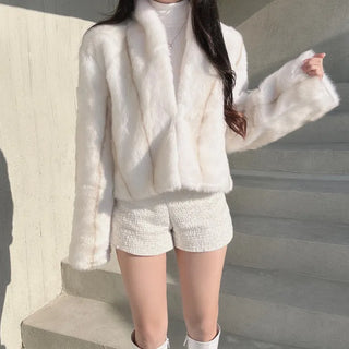 Luxury Fur Texture Collarless Mink Jacket Crop