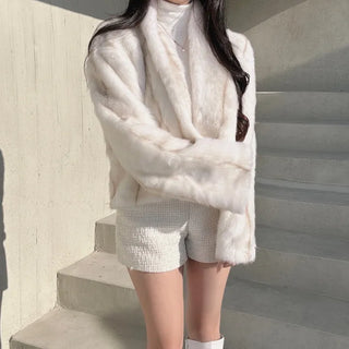 Luxury Fur Texture Collarless Mink Jacket Crop
