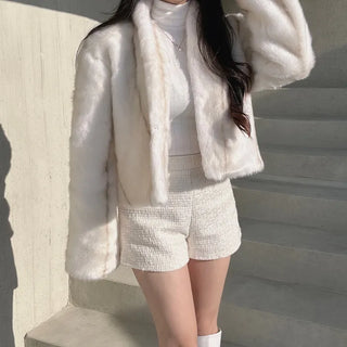 Luxury Fur Texture Collarless Mink Jacket Crop