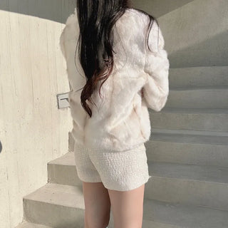 Luxury Fur Texture Collarless Mink Jacket Crop