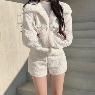 Fluffy Corduroy Collar Mink Fur Crop Jacket 2oz