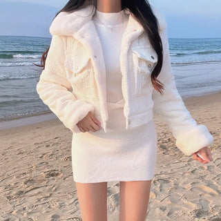 Fluffy Corduroy Collar Mink Fur Crop Jacket 2oz