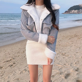 Fluffy Corduroy Collar Mink Fur Crop Jacket 2oz