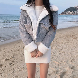 Fluffy Corduroy Collar Mink Fur Crop Jacket 2oz