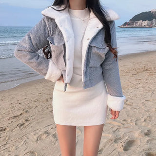 Fluffy Corduroy Collar Mink Fur Crop Jacket 2oz