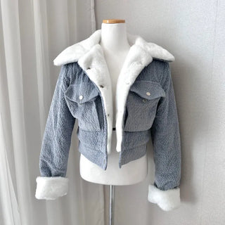 Fluffy Corduroy Collar Mink Fur Crop Jacket 2oz