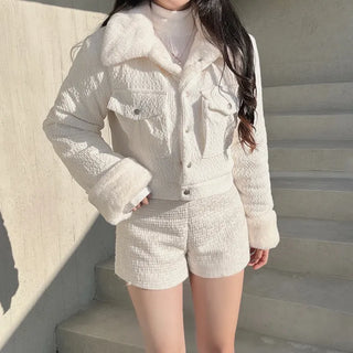 Fluffy Corduroy Collar Mink Fur Crop Jacket 2oz