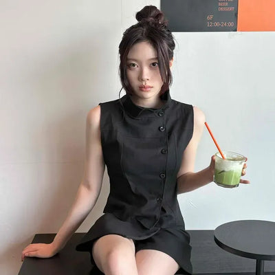 Fitted Plain Button Cut Button-Down Sleeveless Vest