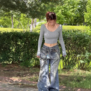 Loose-fit Washed Chain Wide Long Pants