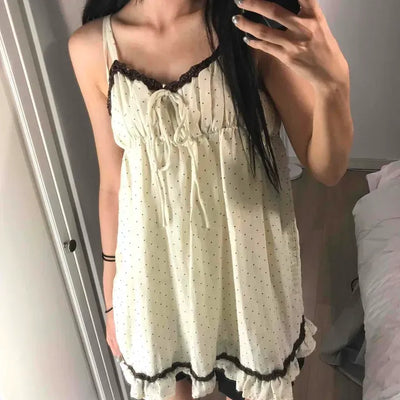 Loose-fit Dot Frill Shirring Contrast Strap Sleeveless