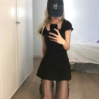 Fitted Plain Frill Ribbon Cap Sleeve A-Line Mini Dress