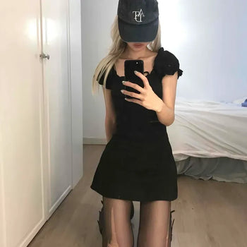 Fitted Plain Frill Ribbon Cap Sleeve A-Line Mini Dress