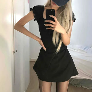 Fitted Plain Frill Ribbon Cap Sleeve A-Line Mini Dress