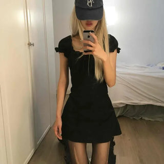 Fitted Plain Frill Ribbon Cap Sleeve A-Line Mini Dress