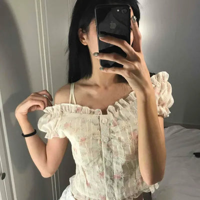 Frill Shirred Flower Cap Sleeve Daily Blouse