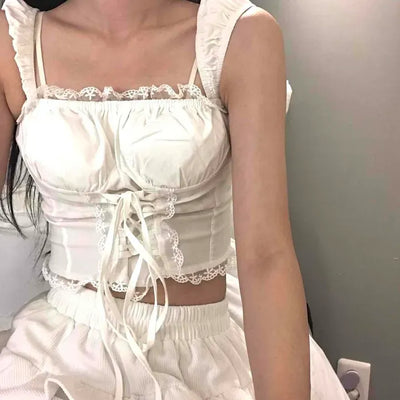 Fitted Frill Shirred Ribbon Strap Sleeveless