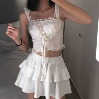 Fitted Frill Shirred Ribbon Strap Sleeveless
