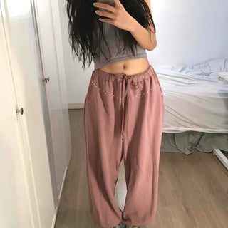 Loose-fit Studded String Wide Daily Long Pants