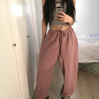 Loose-fit Studded String Wide Daily Long Pants