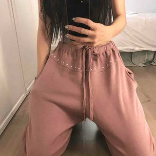 Loose-fit Studded String Wide Daily Long Pants
