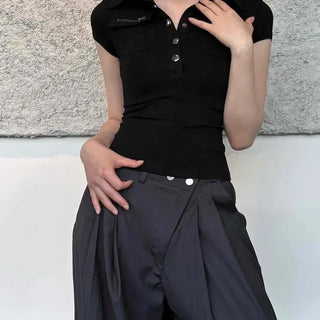 Slim Fit Plain Button-Down Short Sleeve T-Shirt