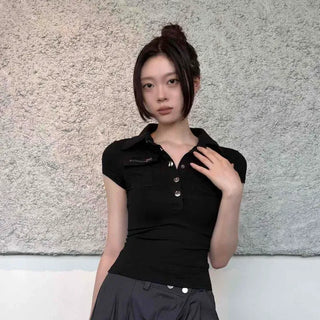 Slim Fit Plain Button-Down Short Sleeve T-Shirt