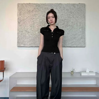 Loose-fit Pintuck Button Wide Daily Long Pants
