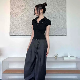 Loose-fit Pintuck Button Wide Daily Long Pants
