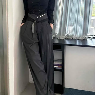Loose-fit Pintuck Button Wide Daily Long Pants